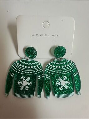 Green Glitter Snowflake Sweater Drop Earrings -